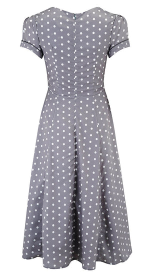 Ava Satin Grey Polka Dot Dress | 1940s & 50s Style | Weekend Doll 
