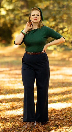 Navy High Waisted Wide Leg Trousers - 1930s & 40s style | Weekend Doll