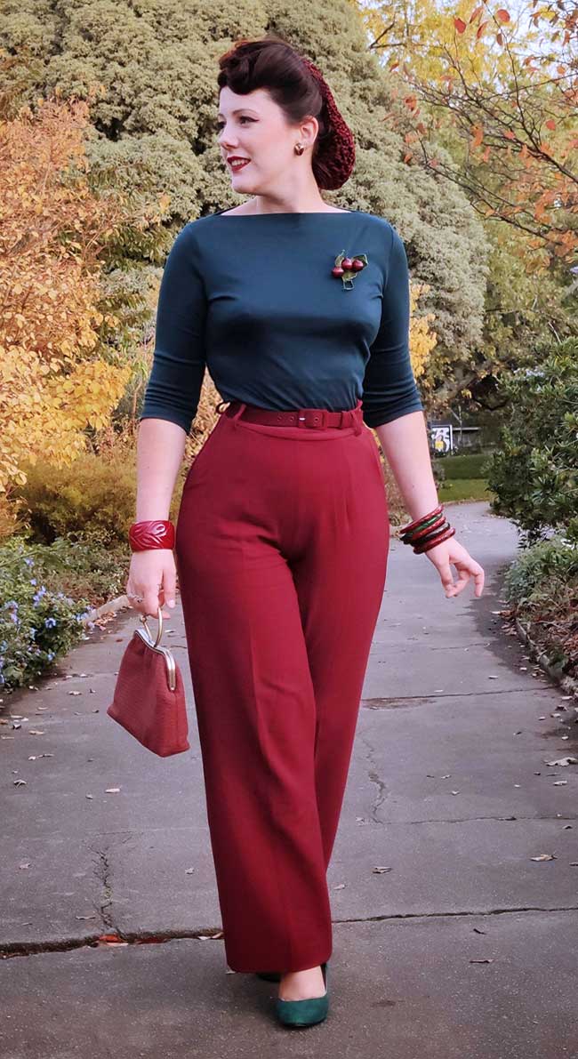 Burgundy Crepe High Waisted Wide Leg Trousers - 1940s Katherine Hepburn style | Weekend Doll