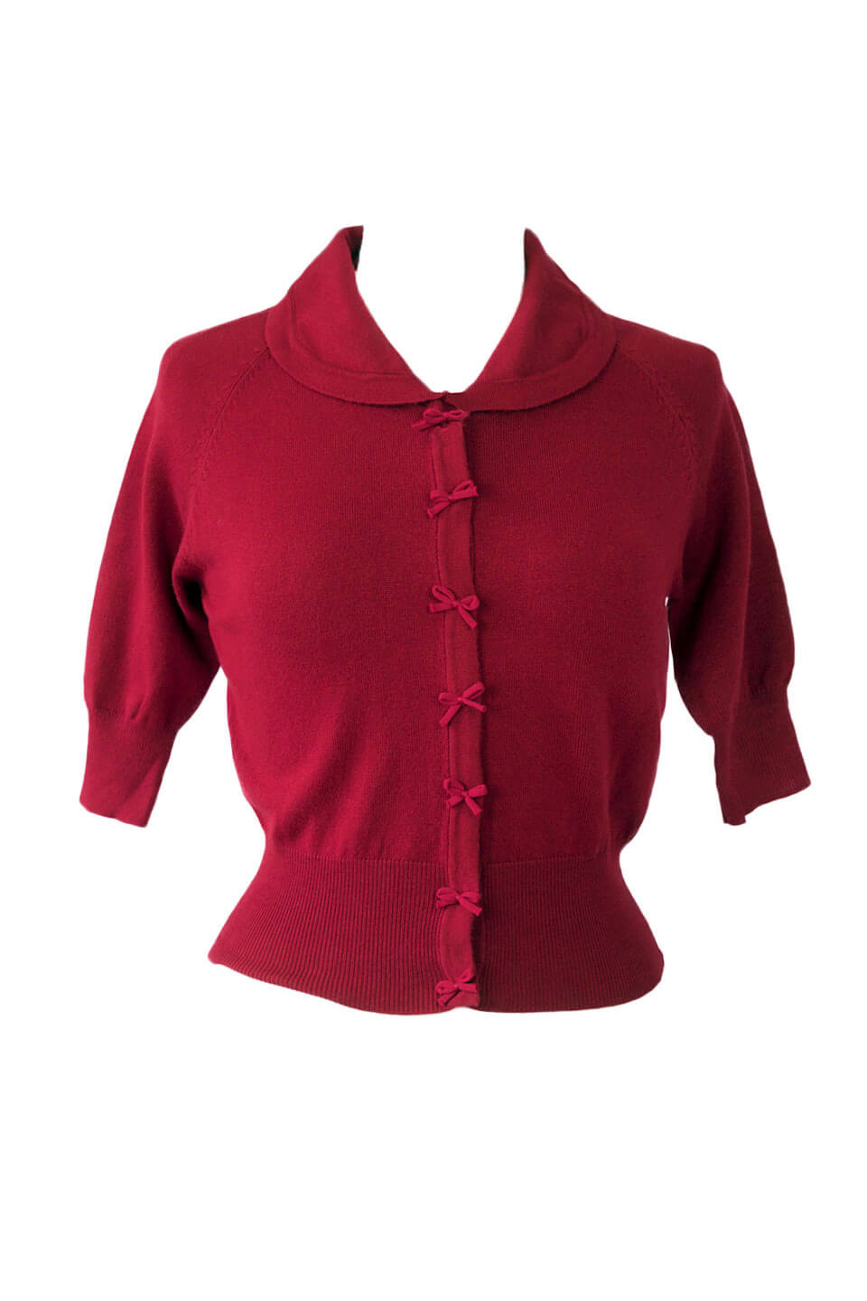 Cropped quarter length dark red cardigan with bow details 1950s style Weekend Doll