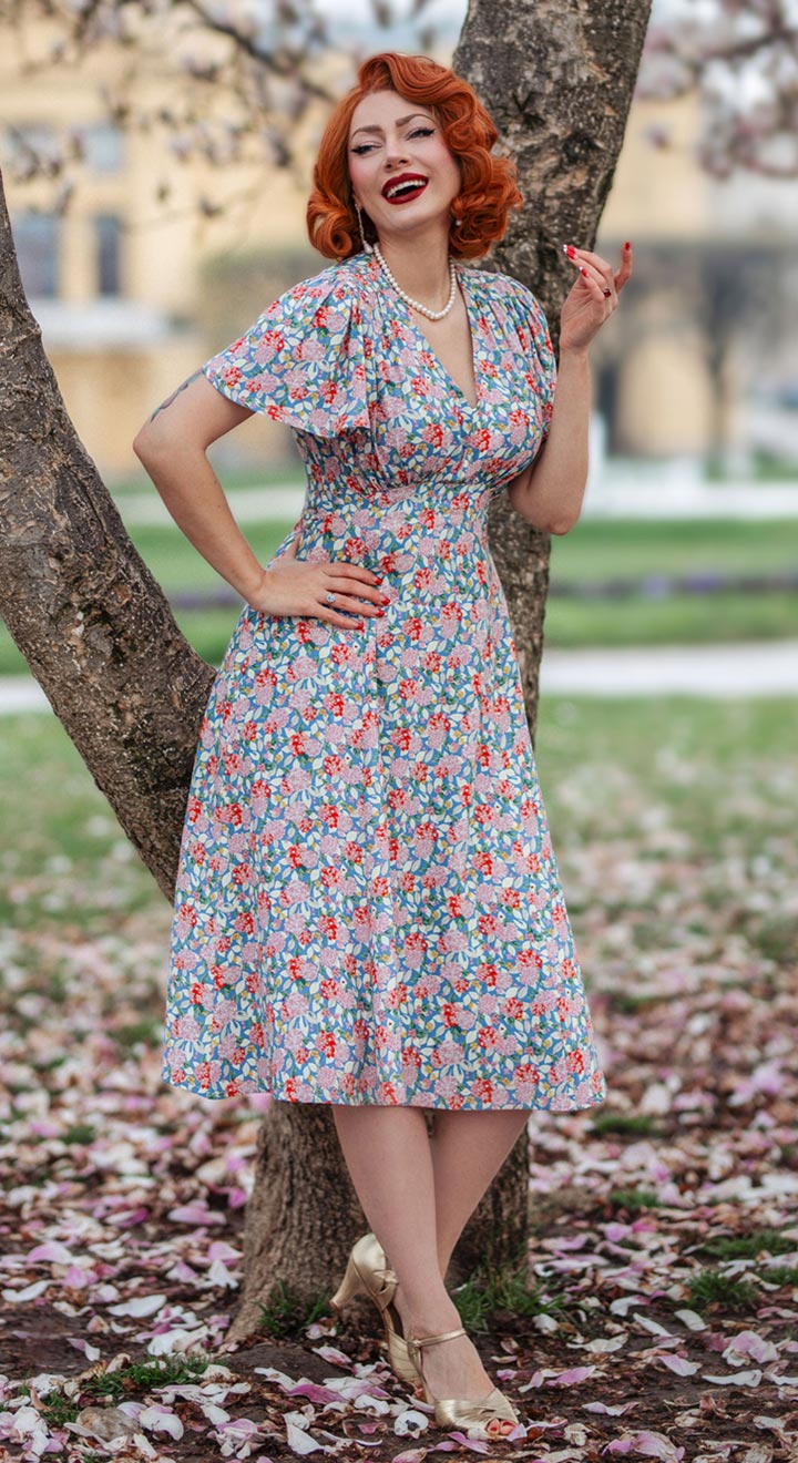 Vintage Inspired Pink and Turquoise Floral Knee Length Tea Dress | 1930s u0026  1940s Style | Weekend Doll