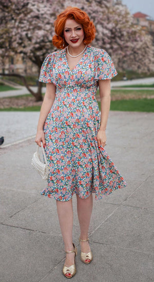 Vintage Inspired Pink and Turquoise Floral Knee Length Tea Dress | 1930s & 1940s Style  | Weekend Doll 