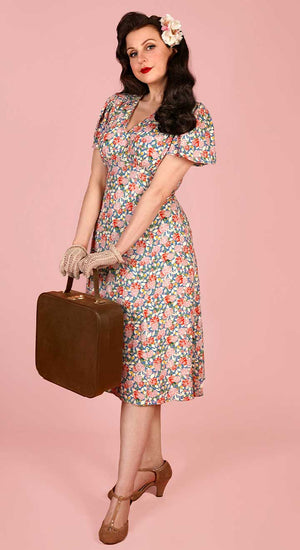 Vintage Inspired Pink and Turquoise Floral Knee Length Tea Dress | 1930s & 1940s Style  | Weekend Doll 