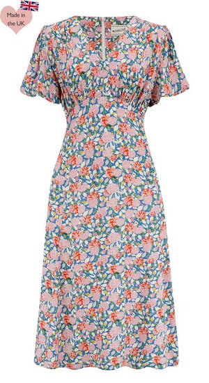 Vintage Inspired Pink and Turquoise Floral Knee Length Tea Dress | 1930s & 1940s Style  | Weekend Doll 