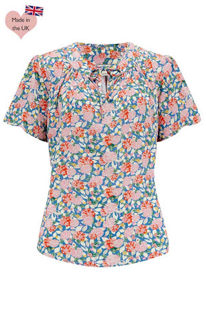 Vintage-inspired tie-neck, short, flared sleeve blouse in Pink Hydrangea | 1930s and 40s Style | Weekend Doll 