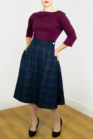 Vintage Green Tartan Check Knee length Swing Skirt 1940s and 1950s Style Weekend Doll