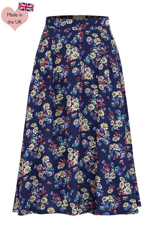 Joan A Line Skirt In  Navy Daisy Print