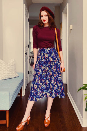 Joan A Line Skirt In  Navy Daisy Print