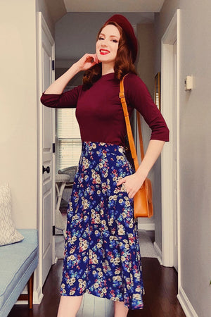 Joan A Line Skirt In  Navy Daisy Print