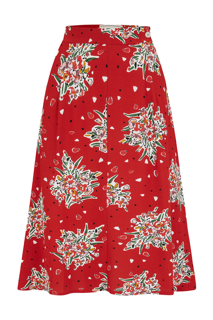 Vintage 1940s Style Crepe Knee-length A-line Skirt in Red Floral Print | Weekend Doll  