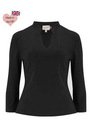 50s Style Long Sleeves Mandarin Collar Ponte Roma Jersey Top in Black  | Retro Pin Up Style | Weekend Doll 
