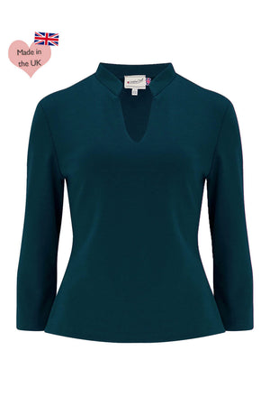 50s Style Long Sleeves Mandarin Collar Ponte Roma Jersey Top in Teal  | Retro Pin Up Style | Weekend Doll 