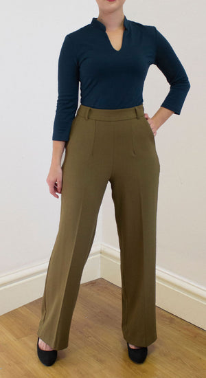 Khaki Crepe High Waisted Wide Leg Trousers - 1940s Katherine Hepburn style | Weekend Doll