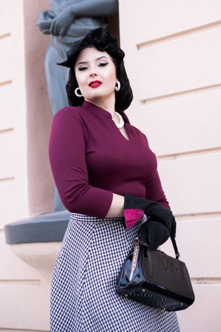 50s Style Long Sleeves Mandarin Collar Ponte Roma Jersey Top in Burgundy Retro Pin Up Style Weekend Doll