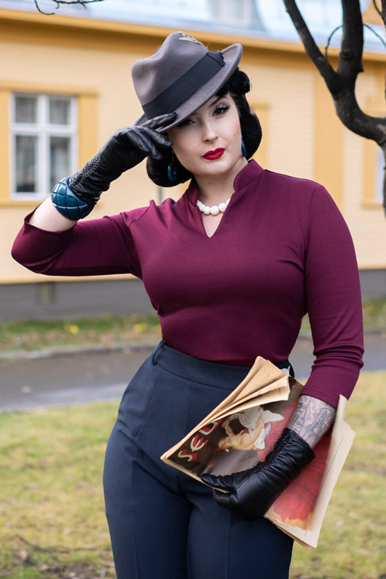 50s Style Long Sleeves Mandarin Collar Ponte Roma Jersey Top in Burgundy  | Retro Pin Up Style | Weekend Doll 