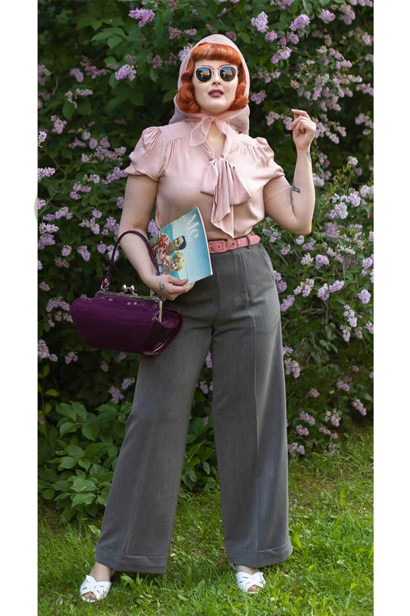 1940s and 50s Style Short Sleeve Pussy Bow Blouse In Sage   | Vintage Inspired | Weekend Doll 