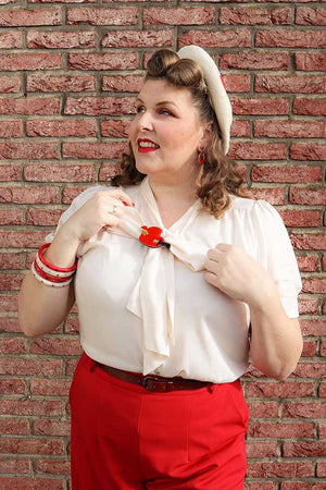1940s and 50s Style Short Sleeve Pussy Bow Blouse In Ivory   | Vintage Inspired | Weekend Doll 