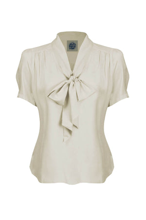 1940s and 50s Style Short Sleeve Pussy Bow Blouse In Ivory   | Vintage Inspired | Weekend Doll 