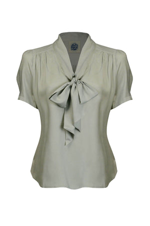 1940s and 50s Style Short Sleeve Pussy Bow Blouse In Sage   | Vintage Inspired | Weekend Doll 