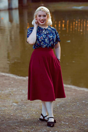 Vintage-inspired tie-neck, short, flared sleeve blouse in navy floral | 1930s and 40s Style | Weekend Doll 