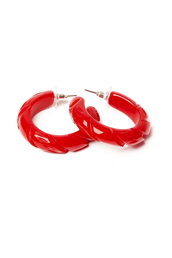 Splendette Red Heavy Carve Hoop Earrings