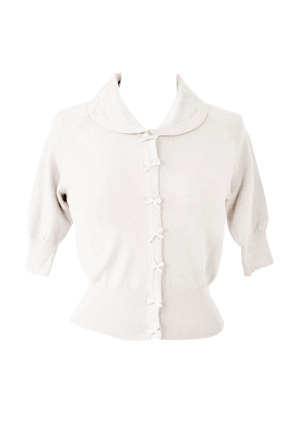 Cropped quarter length off white cardigan with bow details 1950s style Weekend Doll