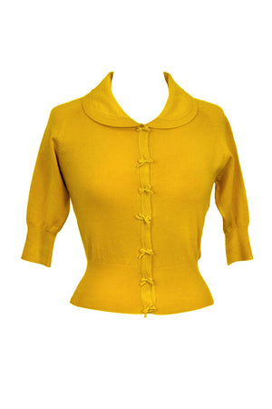 Cropped quarter length mustard yellow cardigan with bow details -1950s style | Weekend Doll