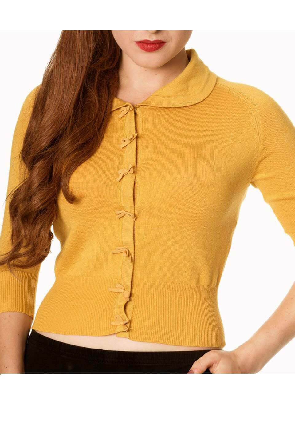 Cropped quarter length mustard yellow cardigan with bow details 1950s style Weekend Doll