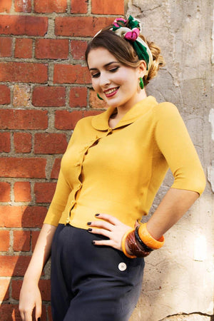 Cropped quarter length mustard yellow cardigan with bow details -1950s style | Weekend Doll