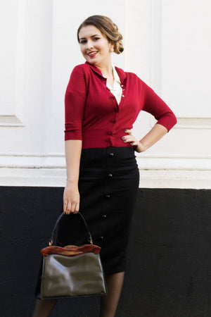Cropped quarter length dark red cardigan with bow details -1950s style | Weekend Doll