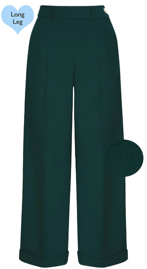 Long Tall 1930s and 40s Classic High Waist Wide Leg Trousers in Bottle Green