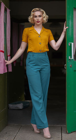 Vintage Inspired High Waisted Wide Leg Trousers in Teal - 1930s & 40s style | Weekend Doll